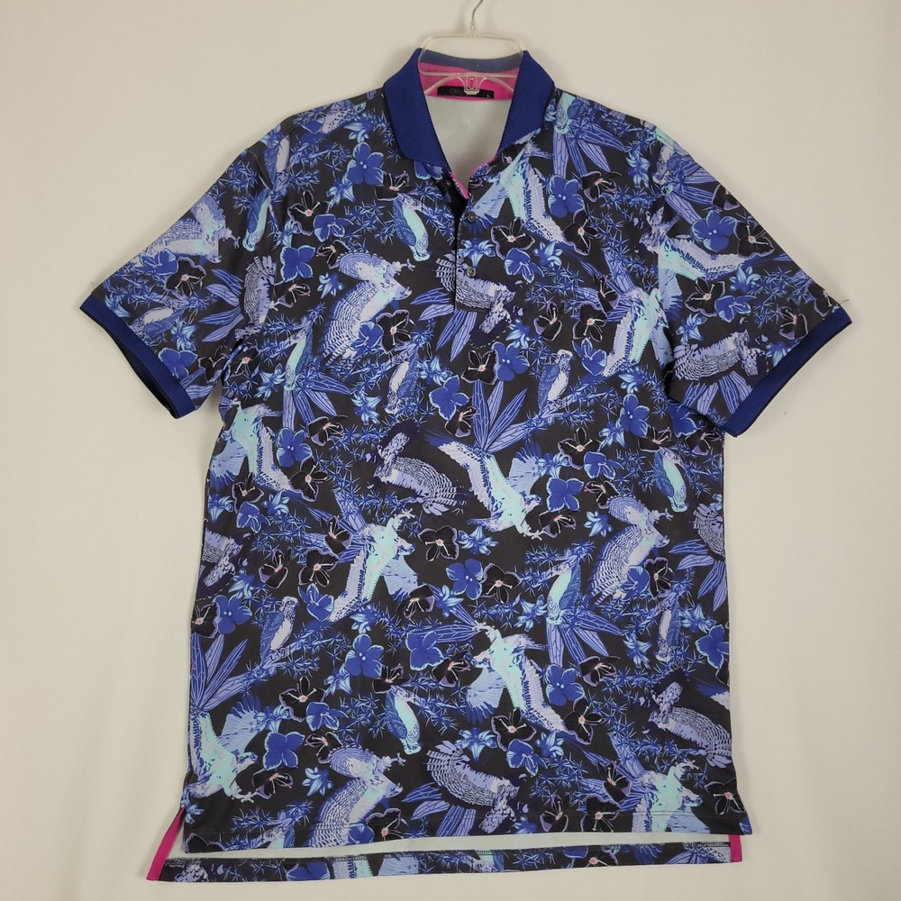Greyson Clothiers Mens Large Bird Floral Print Golf Polo Shirt Purple Blue L